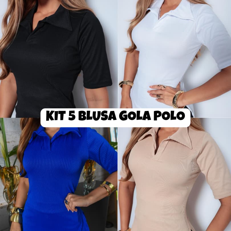 Kit 5 Blusa Feminina Gola Polo Ribana Canelada Manga Curta  Peças Básicas Dia a Dia  Premium