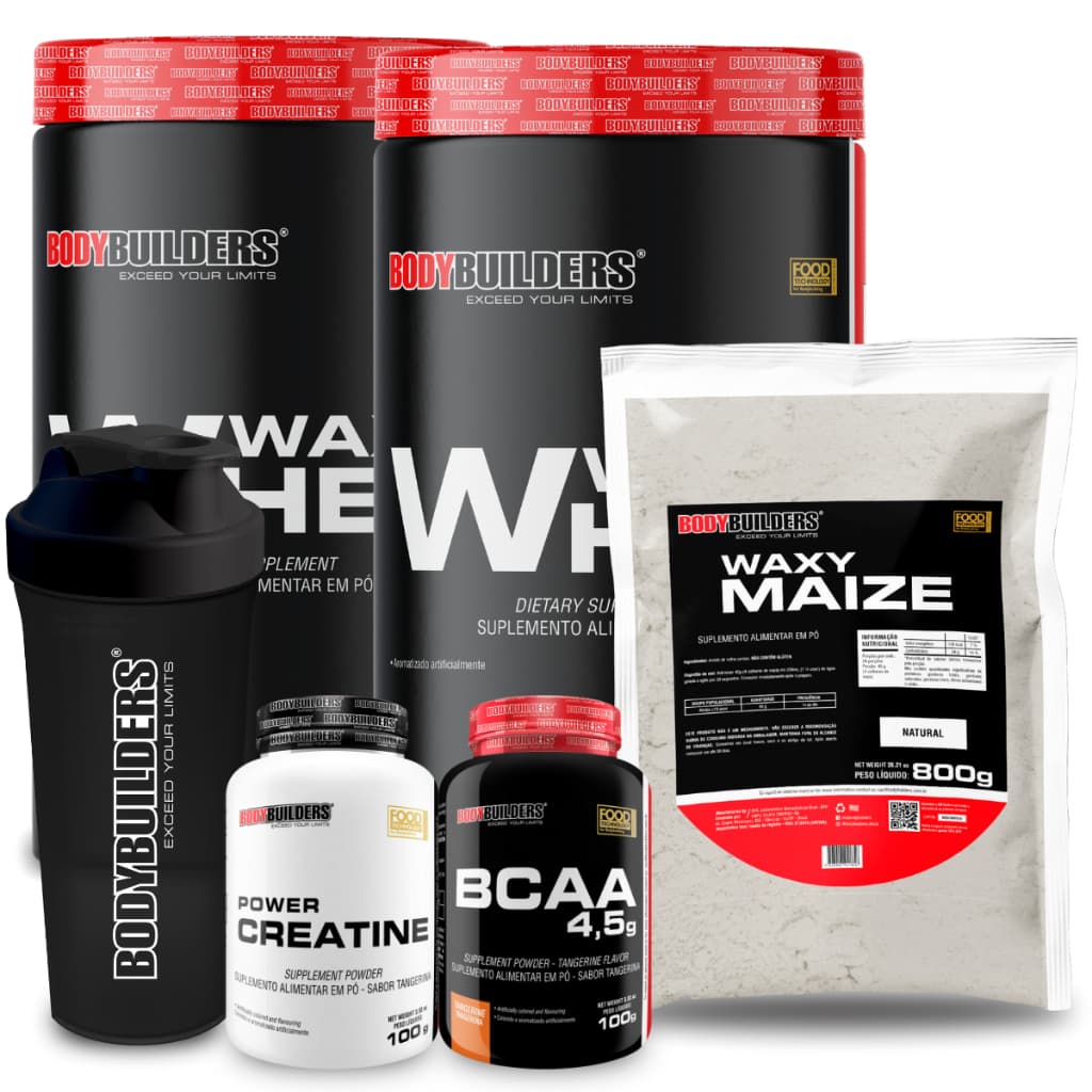 Kit 2x Waxy Whey 900g + Maize 800g + Power Creatina 100g + BCAA 100g + Coqueteleira - Bodybuilders