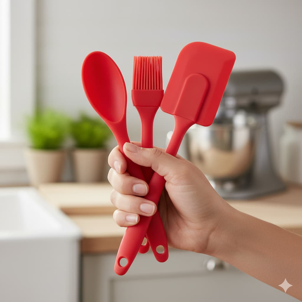 Kit 3 Espátula + Colher + Pincel Silicone Utensílios Cozinha Vermelho Cinza Preto
