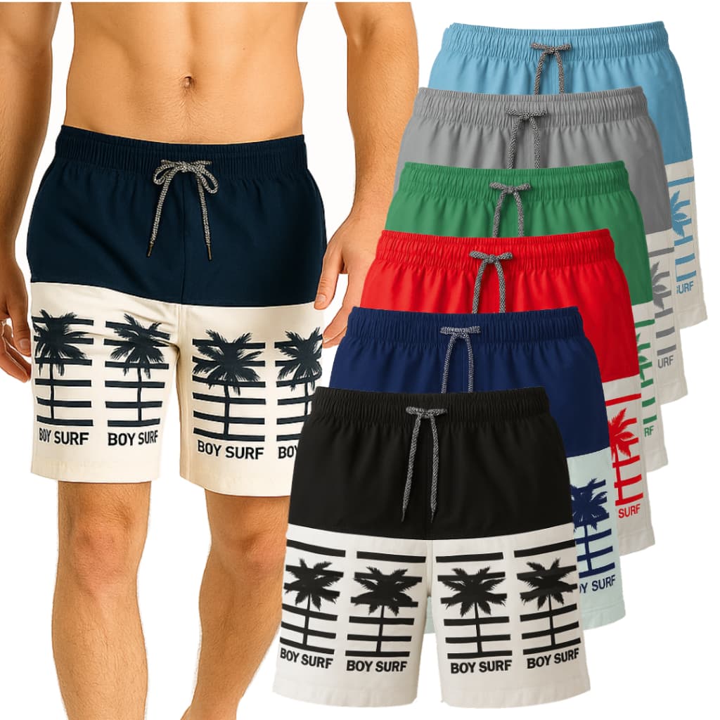 Bermuda Masculina Tactel Listrada Coqueiro – Short de Praia, Piscina, Estilo Surf M ao GG - L01