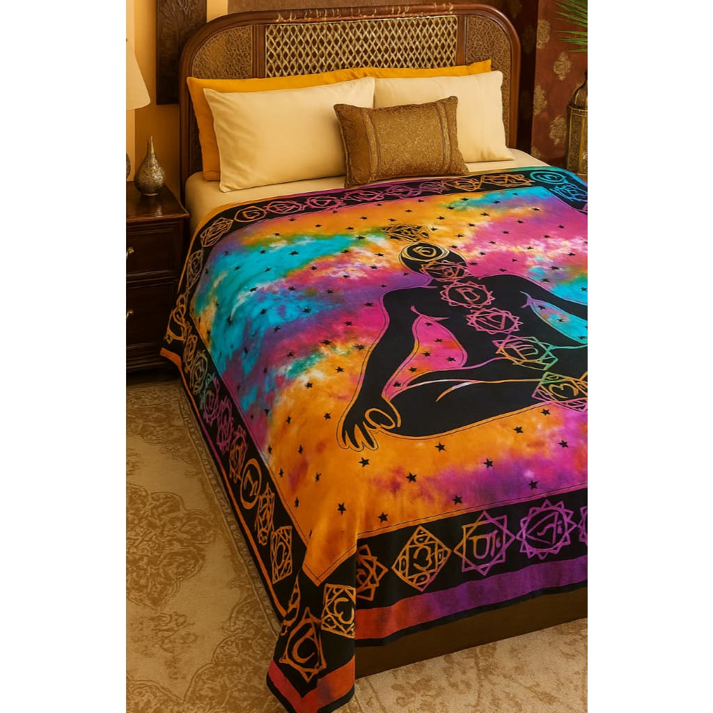 Colcha casal indiano estampa 7 chackras tie-dye em algodão 2,30 X 2,10 M decoração cama