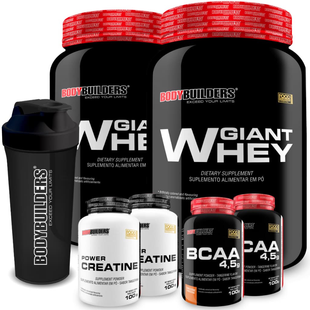 Kit 2x Giant Whey 900g + 2x BCAA 100g + 2x Power Creatina 100g + Coqueteleira - Bodybuilders