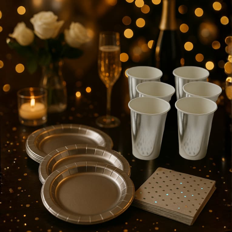 Kit 40 ou 80 Itens para Festa Prata Metalizado - Papel Descartável - Pratos, Copos, Guardanapos
