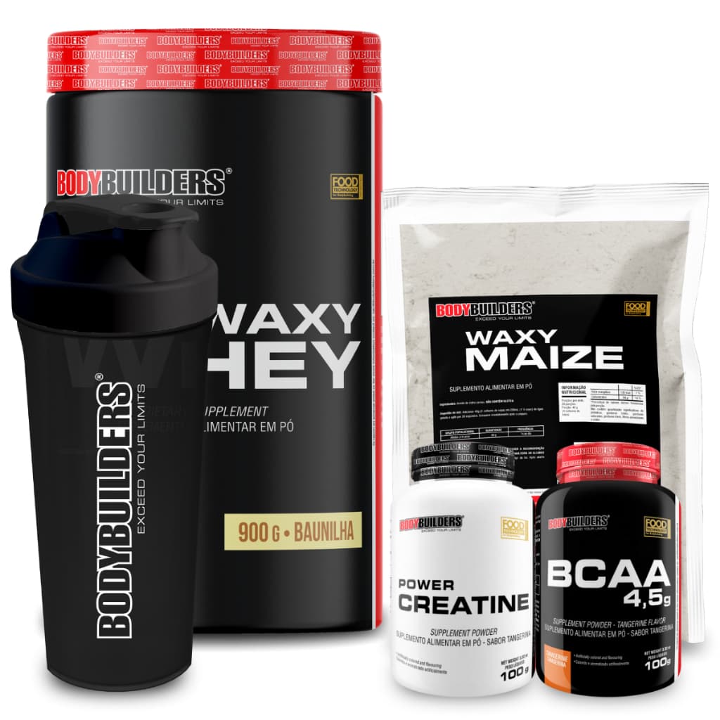 Kit Waxy Whey 900g + Creatina Power 100g + Bcaa 100g + Waxy Maize 800g + Coqueteleira - Bodybuilders
