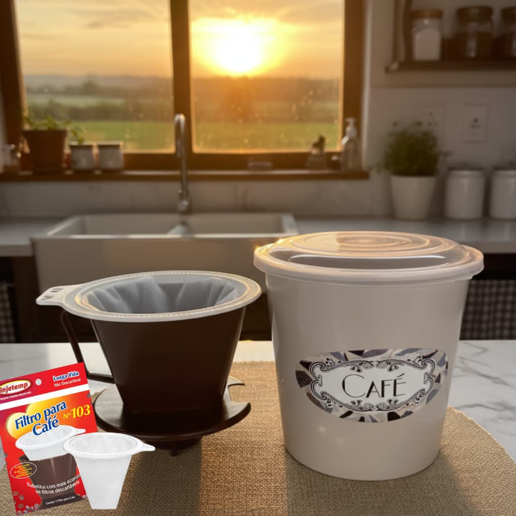 Coador de Café Reutilizável (Filtro em tela) + Suporte Passador de Café e Pote para Grãos/Pó | Kit 3 Peças Prático