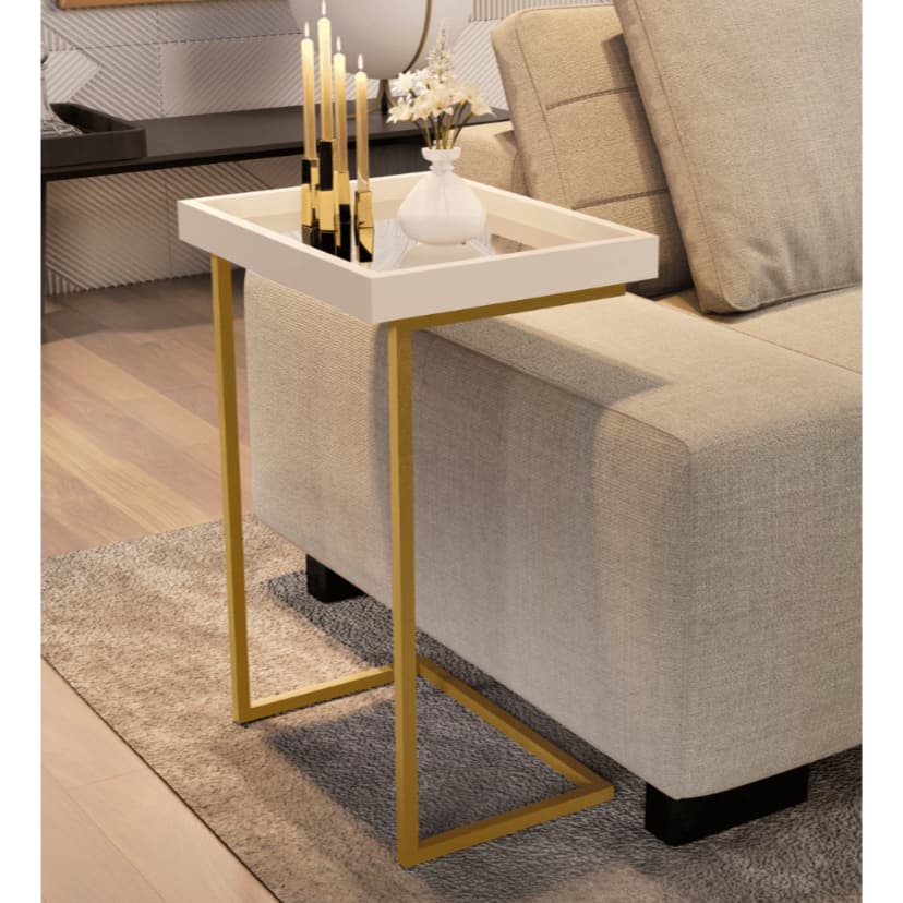 Mesa Lateral De Apoio Sofa Com Espelho E Pé De Ferro Elegante Perola