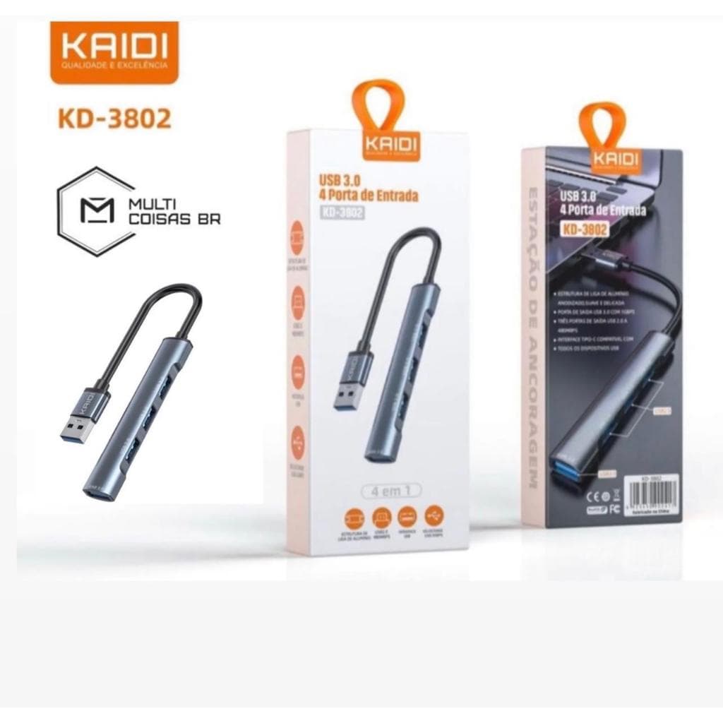 Hub USB 3.0 Kaidi KD-3801 Tipo C com 4 Portas USB — Adaptador Extensor 4 em 1