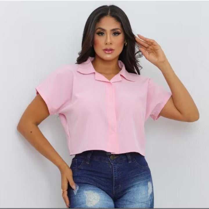 Blusa curta Feminina Camisa Social Con Manga Curta LISO Moda Praia
