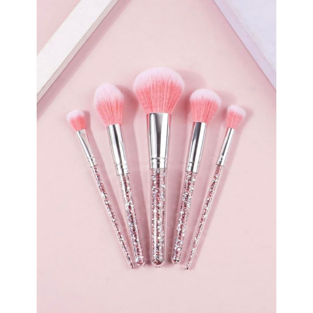 Kit Pincéis Luxo com Cristais Cerdas Macias e Antialérgicas | 4 Peças Rosa e Cinza Profissional