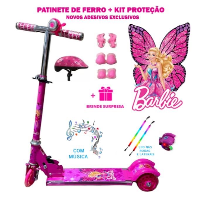 Patinete Infantil de Ferro Musical Barbie Borboleta 3 Rodas Luz LED Freio Kit Proteção + Surpresa