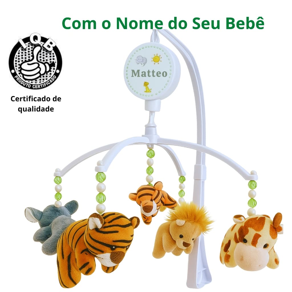 Mobile Para Berço Musical Giratório Safari Animais da Floresta Personalizado c/ Nome do Bebê