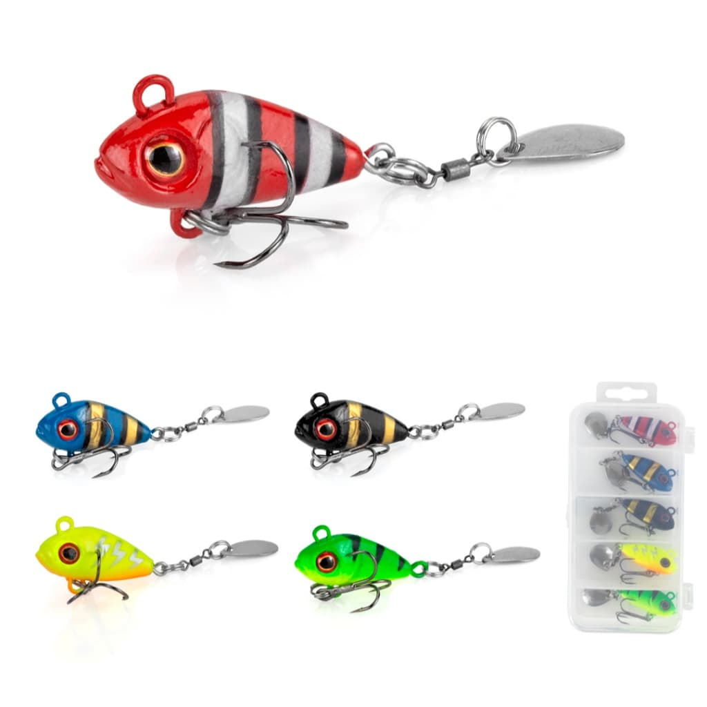 ESTOJO C/ 5 ISCAS MINI JIG SPINNER P/ PESCA TUCUNARÉ TRAÍRA BLACK BASS PEIXES PREDADORES TAMANHOS 7GR 10GR OU 15GR
