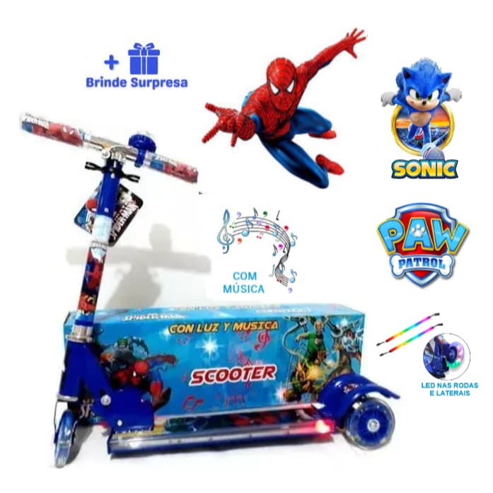 Patinete Musical Azul Infantil Menino Homem Aranha Sonic Patrulha Metal Led Nas 3 Rodas e Laterais