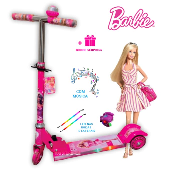 Patinete Barbie Rosa Musical Infantil Menina Led 3 Rodas e Laterais Ferro Freio Metal Buzina 40kg