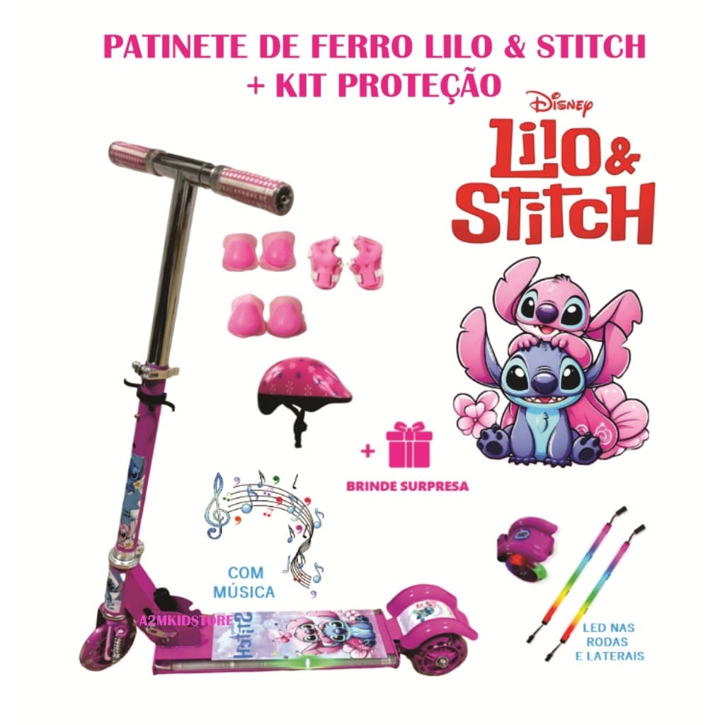 Patinete Infantil Lilo & Stitch 2025 Azul Rosa Dobrável Música Led 3 Rodas e Laterais Freio Buzina