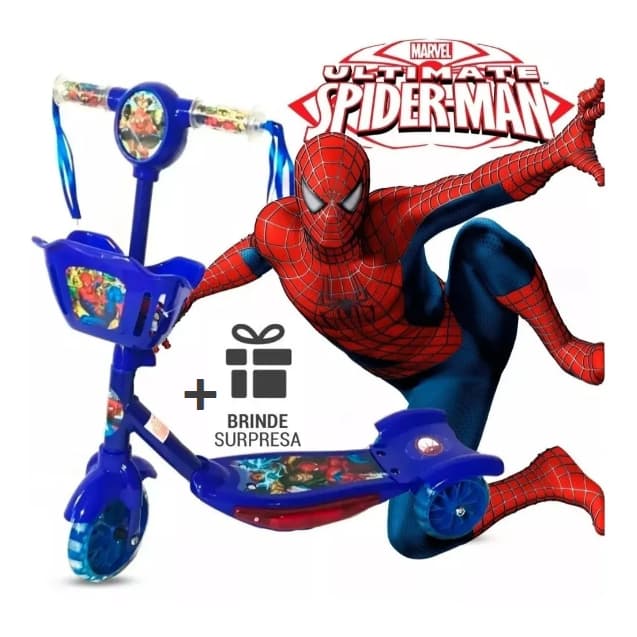 Patinete Infantil Menino Homem Aranha Azul Spiderman Com Música Luz Freio Cesta Ajustável 3 Rodas