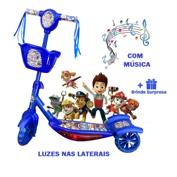 Patinete Infantil Menino Patrulha Canina Azul Com Música e Luz Ajustável 3 Rodas Cesta + Surpresa