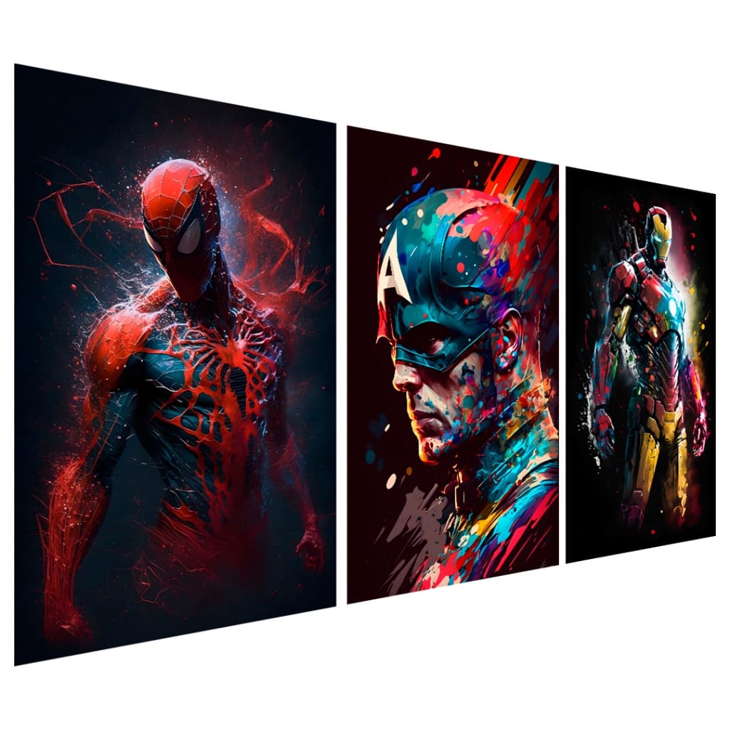 Kit 3 Peças Quadros Decorativos Quarto Sala Escritório Heróis Homem Aranha Capitão e Homem de Ferro