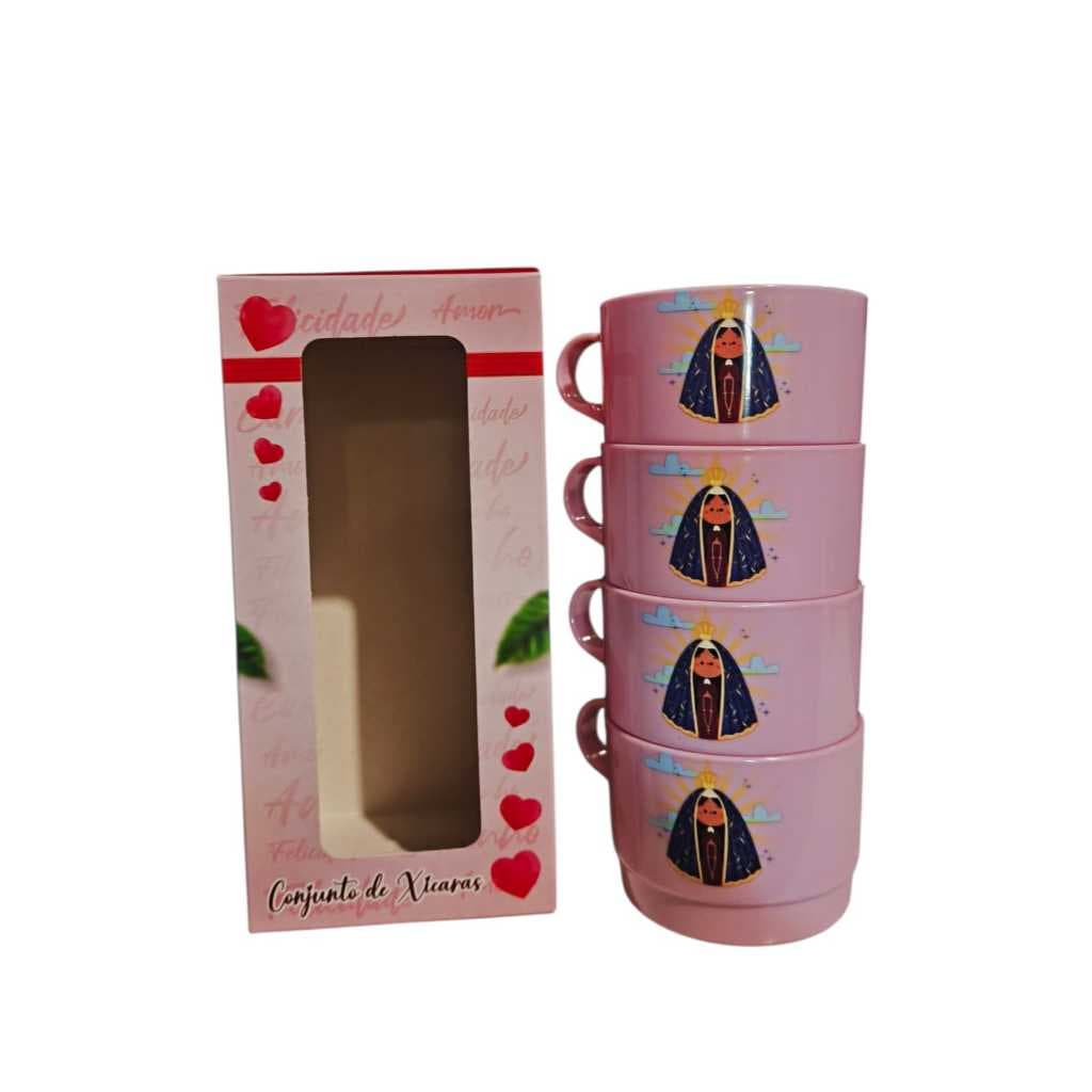 Conjunto Nossa Senhora com 4  Xícaras de Acrílico 200 ml Empilhavél na caixa.