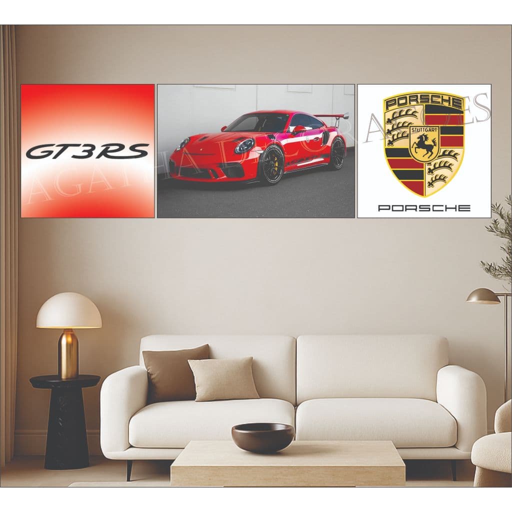 Quadro Decorativo 3 Peças Carro Porsche gt3rs Sala Estar Decoração Casa