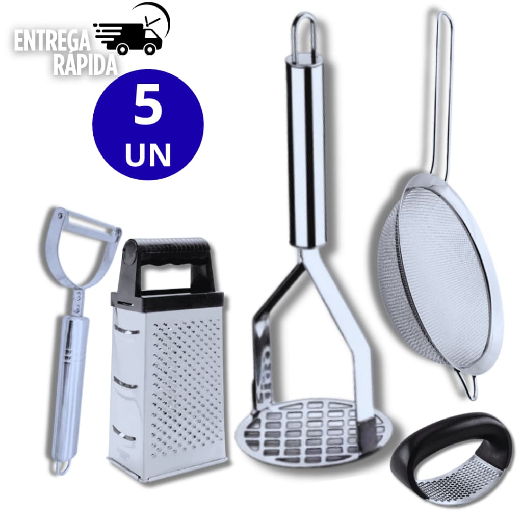 KIT 5 UTENSILIOS INOX - AMASSADOR BATATA E ALHO RALADOR PENEIRA E DESCASCADOR
