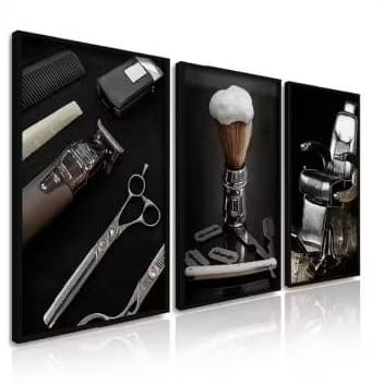 Kit 3 Quadros Decorativos Luxo - Barbearia (60x40 cm). MDF 3mm.