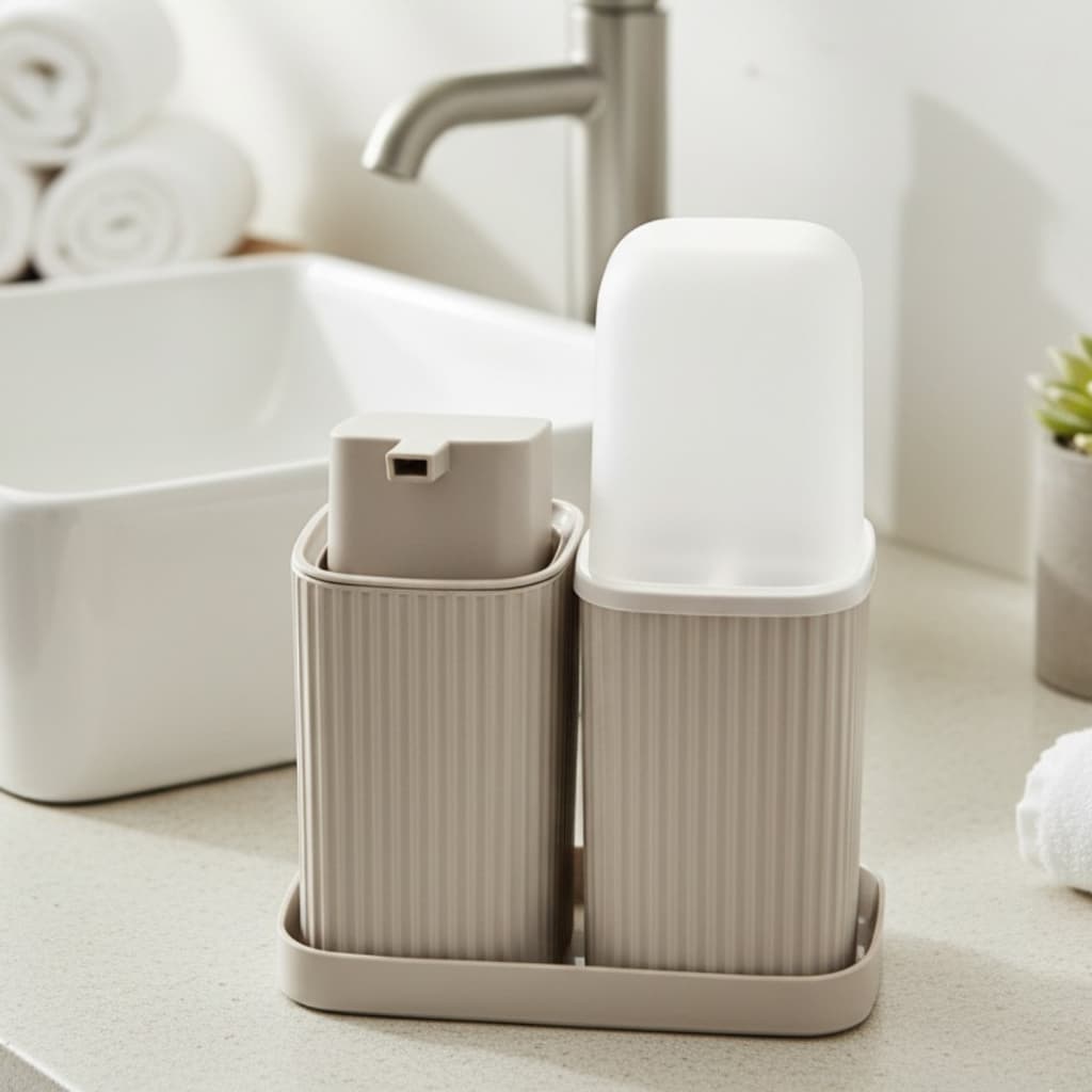 Kit 2 Acessórios Banheiro com Bandeja Dispenser Sabonete Líquido e Porta Escovas - Usual Utilidades