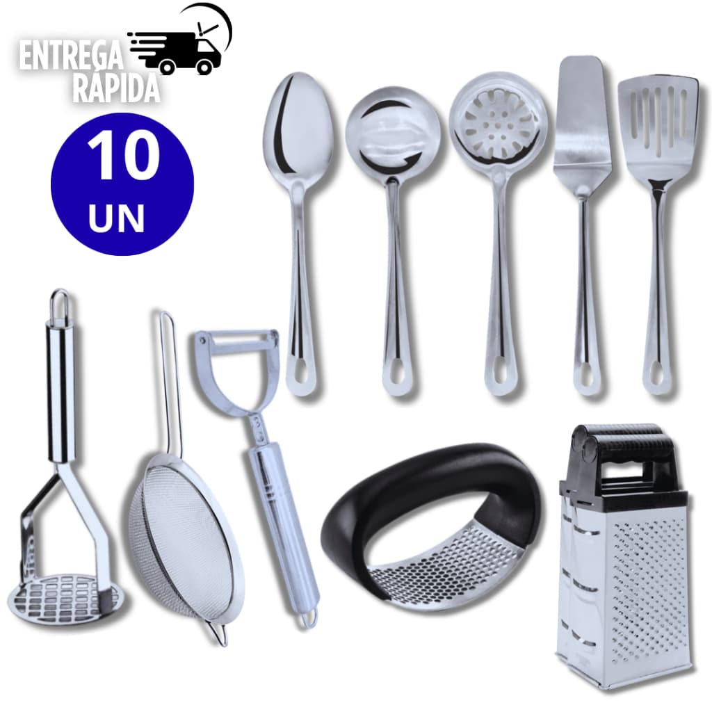 KIT 10 UTENSÍLIOS DE COZINHA EM AÇO INOX – COMPLETO, RESISTENTE E ELEGANTE