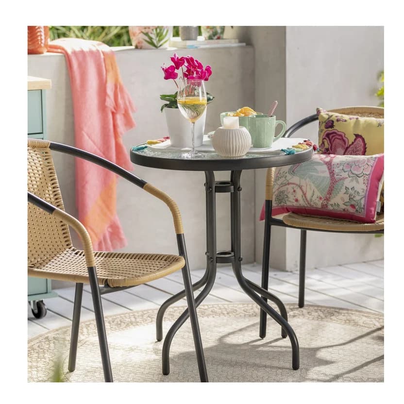 Mesa Redonda Com Vidro Temperado 60x70cm Jardim e Varanda Preto