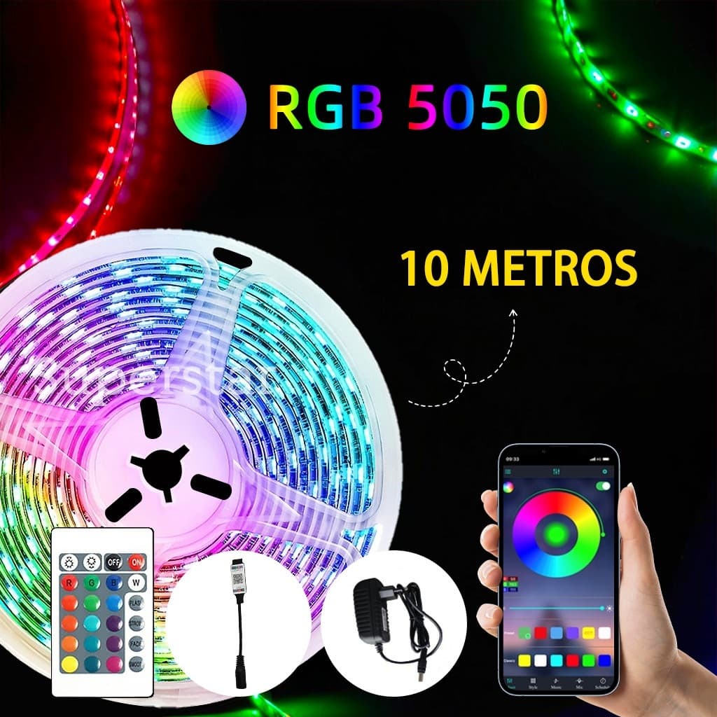 10 Metros Fita Led RGB 5050+ App Controle E IR Controle + FONTE Decoração Casa Loja Gesso Teto Sanca Vitrine
