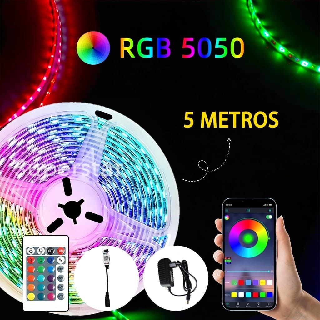 5 Metros Fita Led RGB 5050 + App Controle E IR Controle + FONTE Decoração Casa Loja Gesso Teto Sanca Vitrine