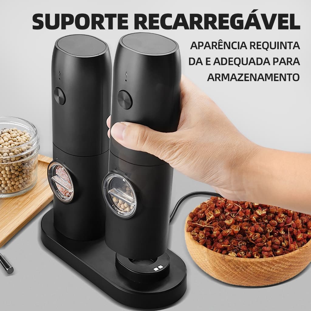 【GENAI】Moinho Elétrico de Temperos Recarregável Duplo, Moedor de Pimenta e Sal com 5 Níveis de Ajuste, USB-C Tipo-C