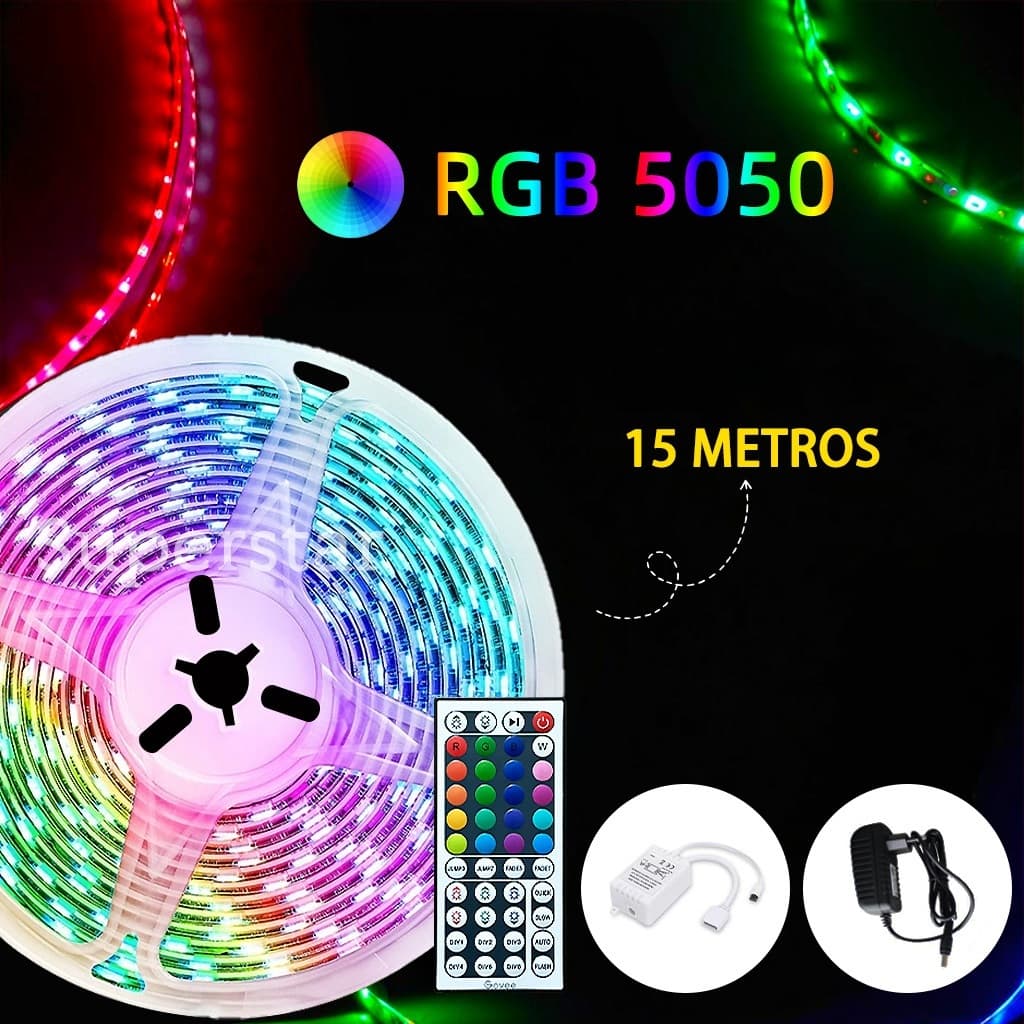 【Entrega】Fita LED 5050 RGB 5/10/15M Super Brilhante com Controle e Fonte Pronta para Decoração