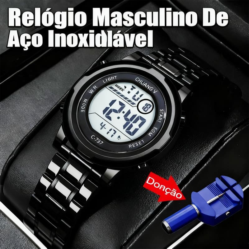 Relógio De Pulso Para Masculino De Aço Inoxidável À Prova D'água Digital Negócios De Moda De Luxo