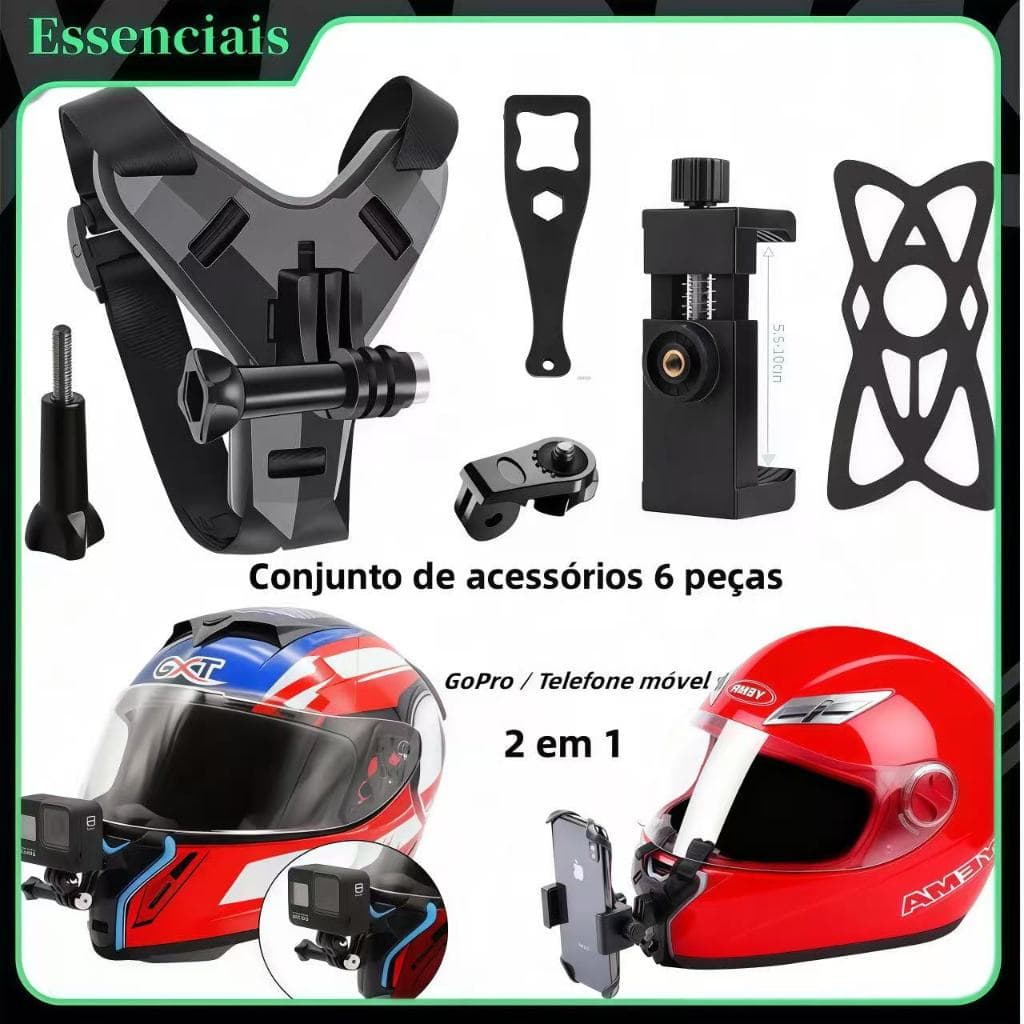 Três cores 6 kits Suporte Camera Celular Capacete Queixo(GoPro/SJCAM) e Smartphones - Ideal para Motociclismo