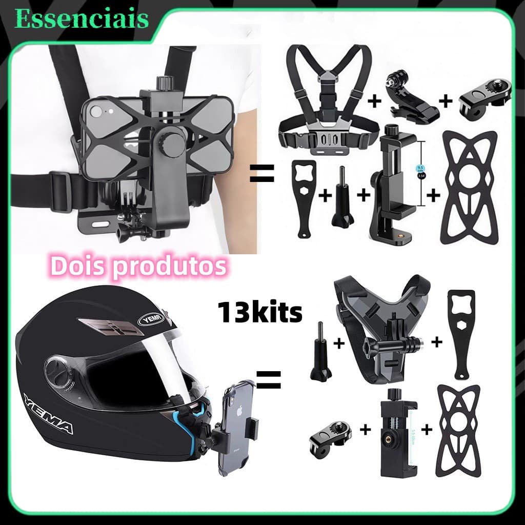 13 kits Suporte para celular e Gopro Peitoral Peito Ajustável para Câmera Esportiva: Moto, Bike e Outras Aventuras