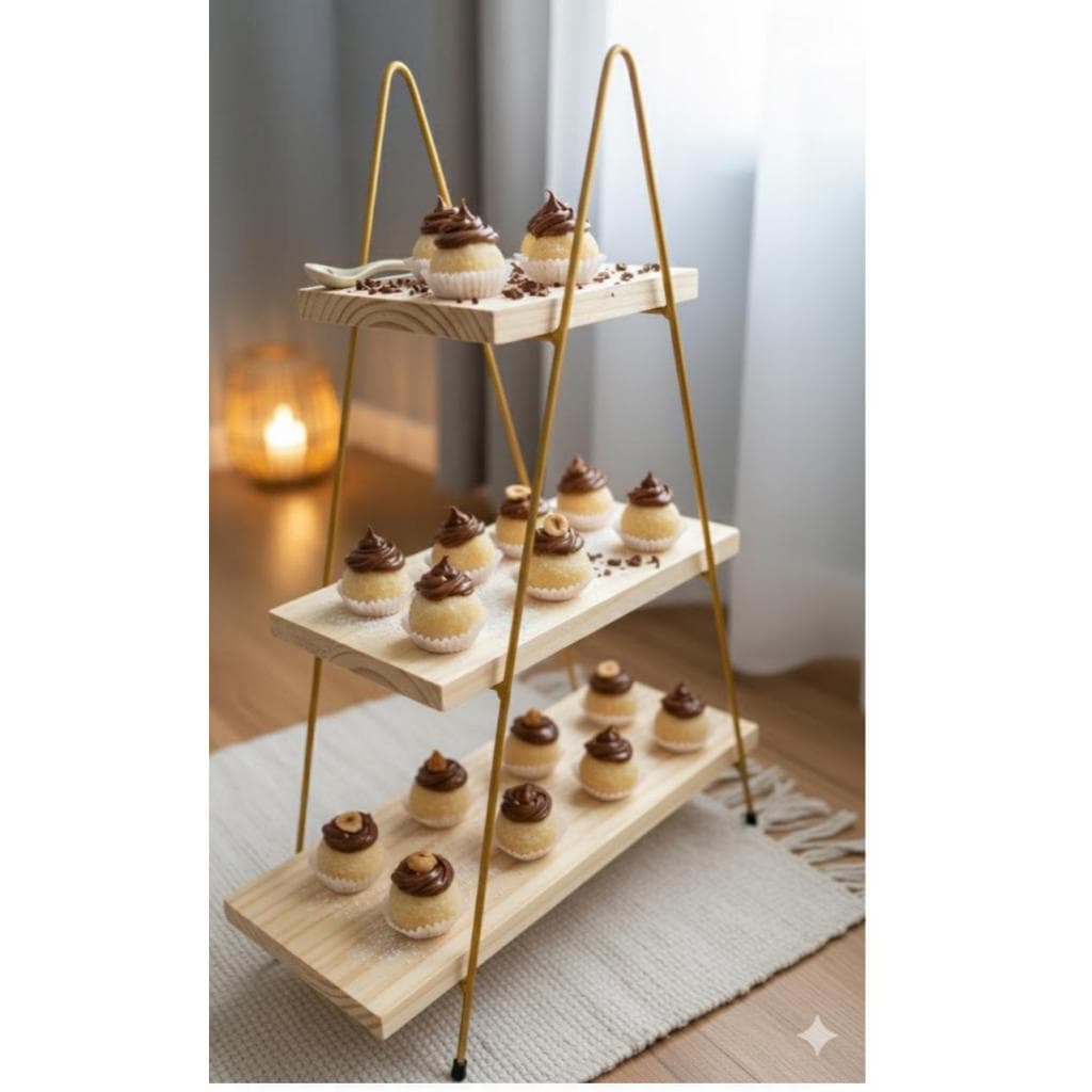 Escadinha Suporte Decorativo Triplo – Dourado com Madeira Pinus
