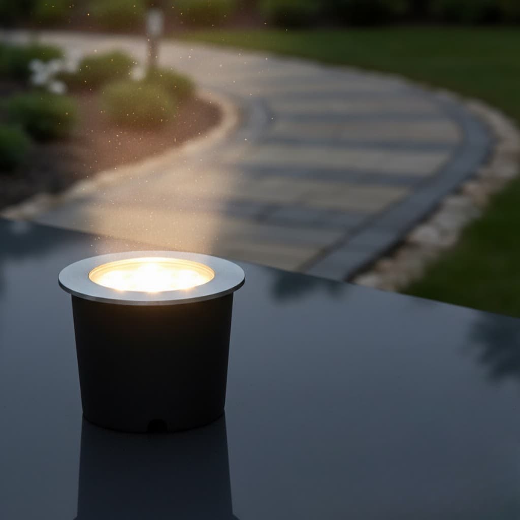 Balizador de Solo LED 5W Inox Redondo 3000K IP67 Bivolt Embutir Jardim Cromado Estrutura Preta
