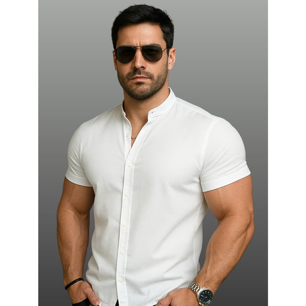 Camisa Masculina Social Gola Padre Slim Manga Curta Camisa Que Não Amassa Moda Verão Casual