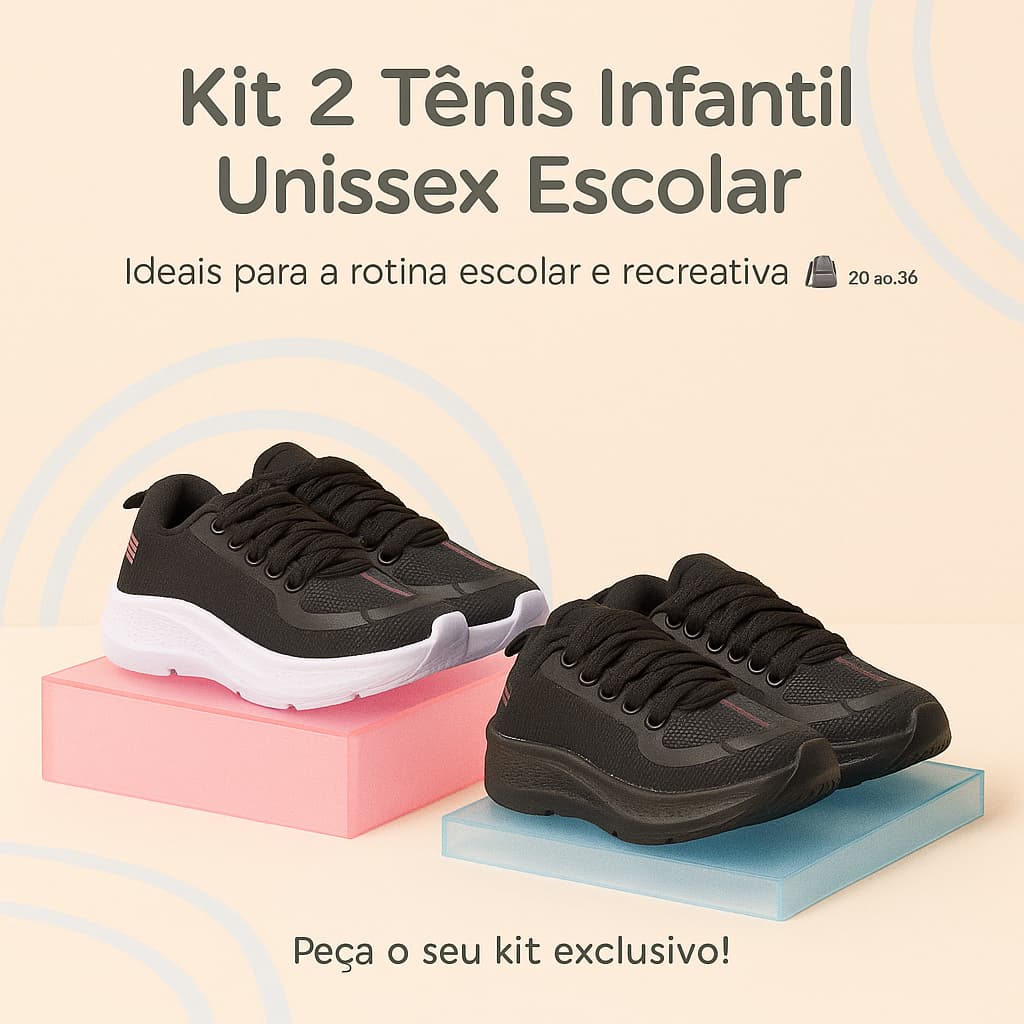 Kit 2 Tênis Infantil Unissex Escolar – Confortável, Leve e Ideal Para Escola 24-36 | PEÇA O SEU KIT!