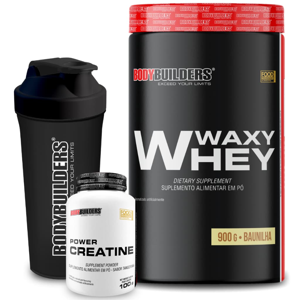 Kit Waxy Whey 900g + Creatina 100g (Tangerina) + Coqueteleira - Aumento de Massa - Bodybuilders
