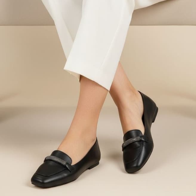Sapatilha Feminina Confortável Luxo Elegante Mocassim Sapato Feminino Bico Quadrado Preto Strass