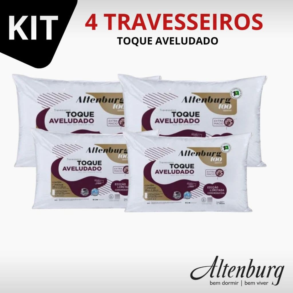 Kit 4 Travesseiro Toque Aveludado Extra Macio Altenburg 48 cm x 68cm Edição 100 Anos LIMITADA Branco