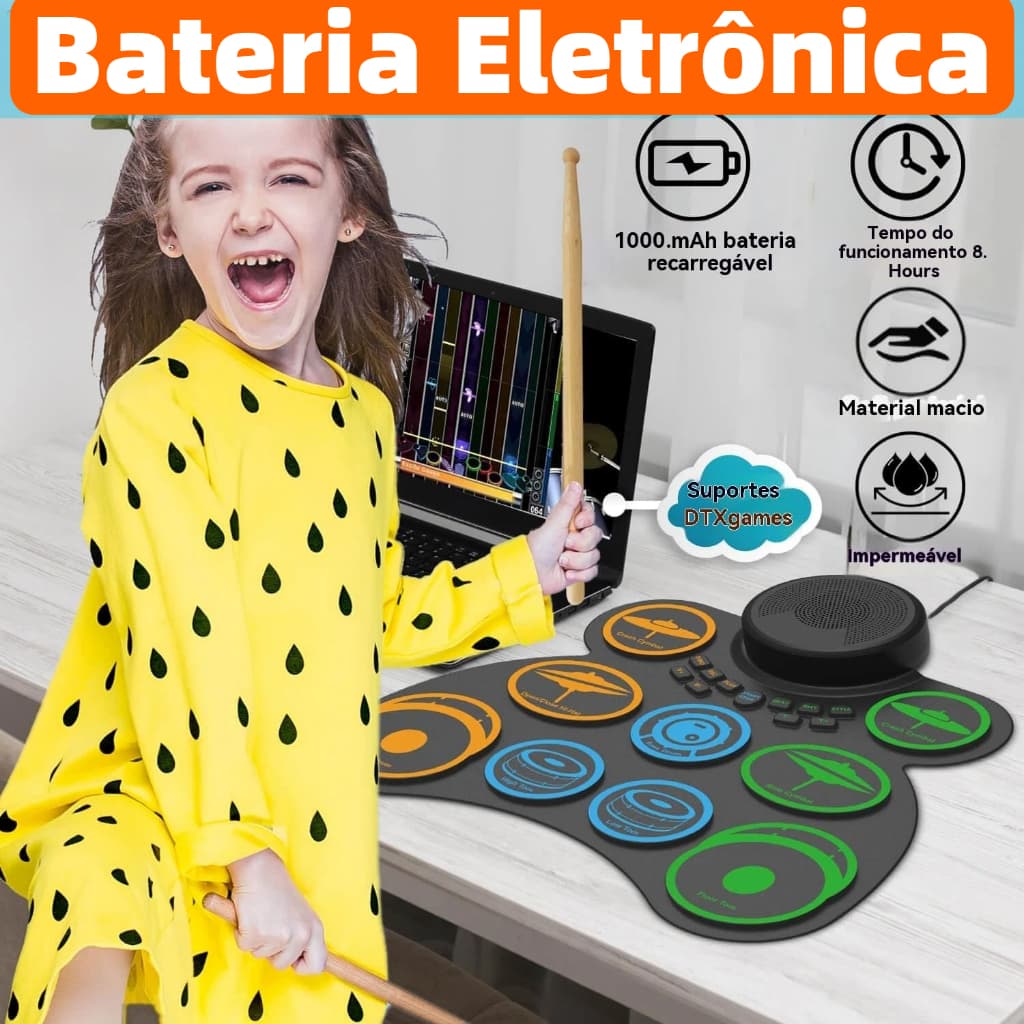 Bateria Eletrônica Caixa de som dobrável para bateria eletrônica, pedal de silicone recarregável DTX para prática MS993