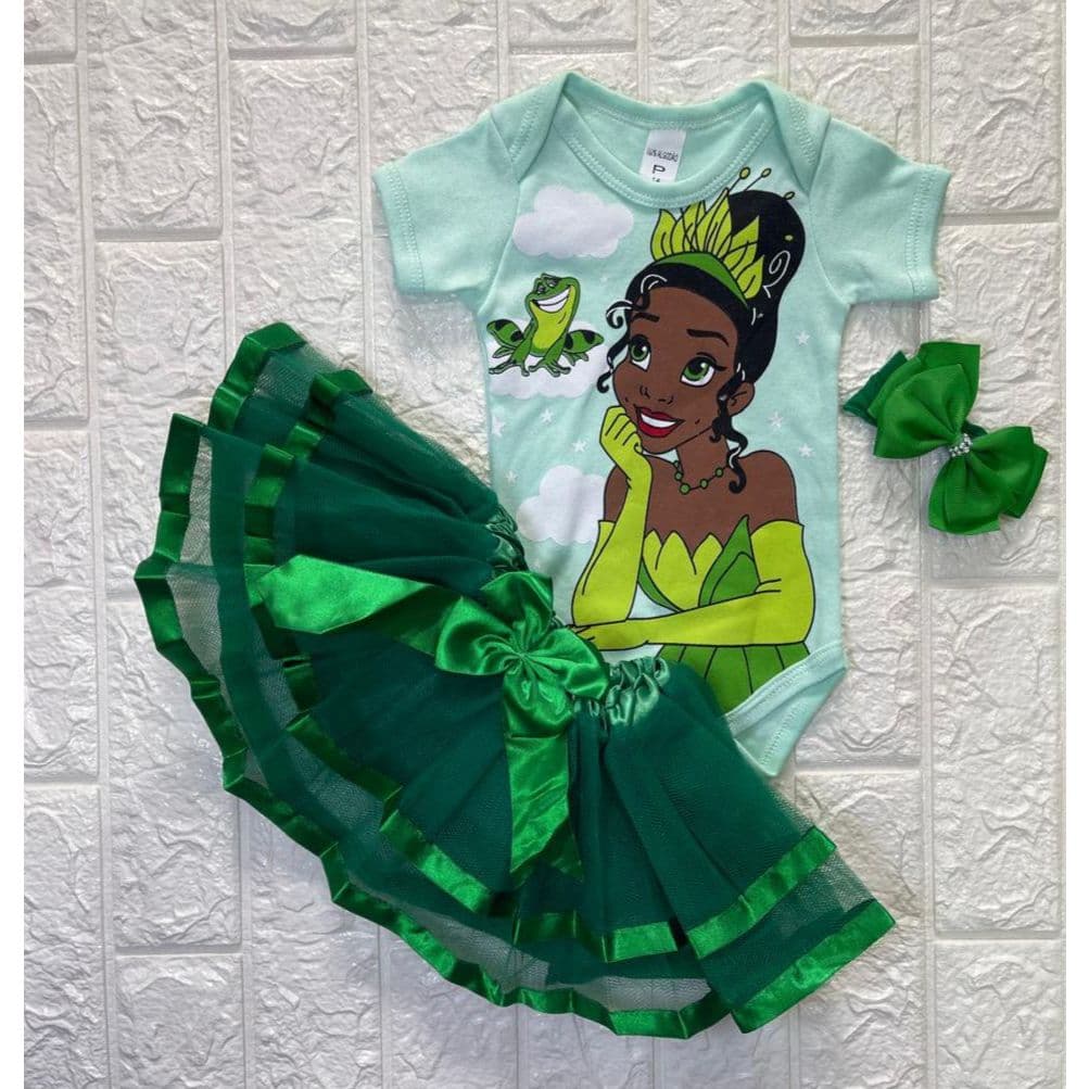 Body Fantasia Bebê Tiana A Princesa e o Sapo Mesversário com Saia Dupla & Laço Kit Completo