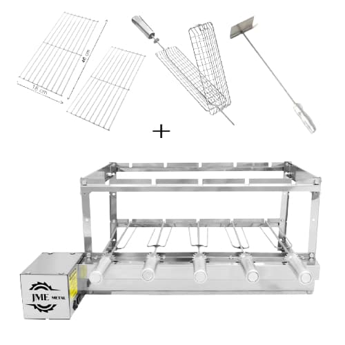 Churrasqueira Grill Giratória Inox 5 Espetos 2 Grelha auxiliar 1 Esp. Grelha 1 Espalhador de Carvão