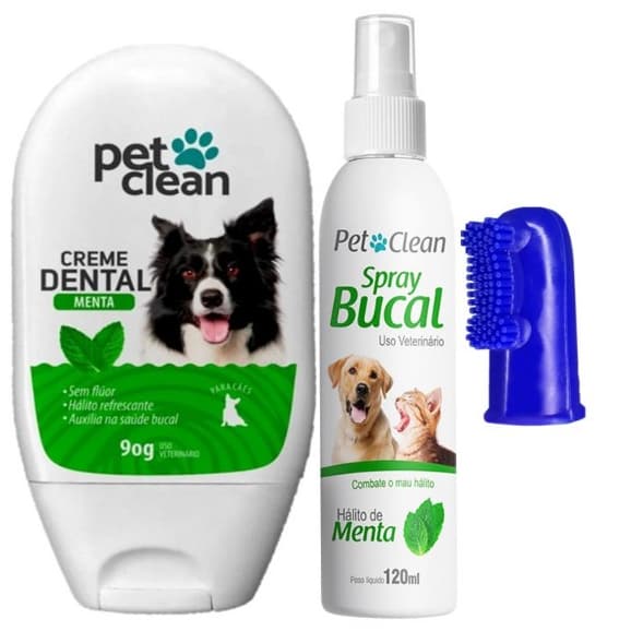 Kit Saúde Bucal Para Cães e Gatos com Creme Dental Pasta de Dente  + Spray Bucal + Dedeira Pet Clean
