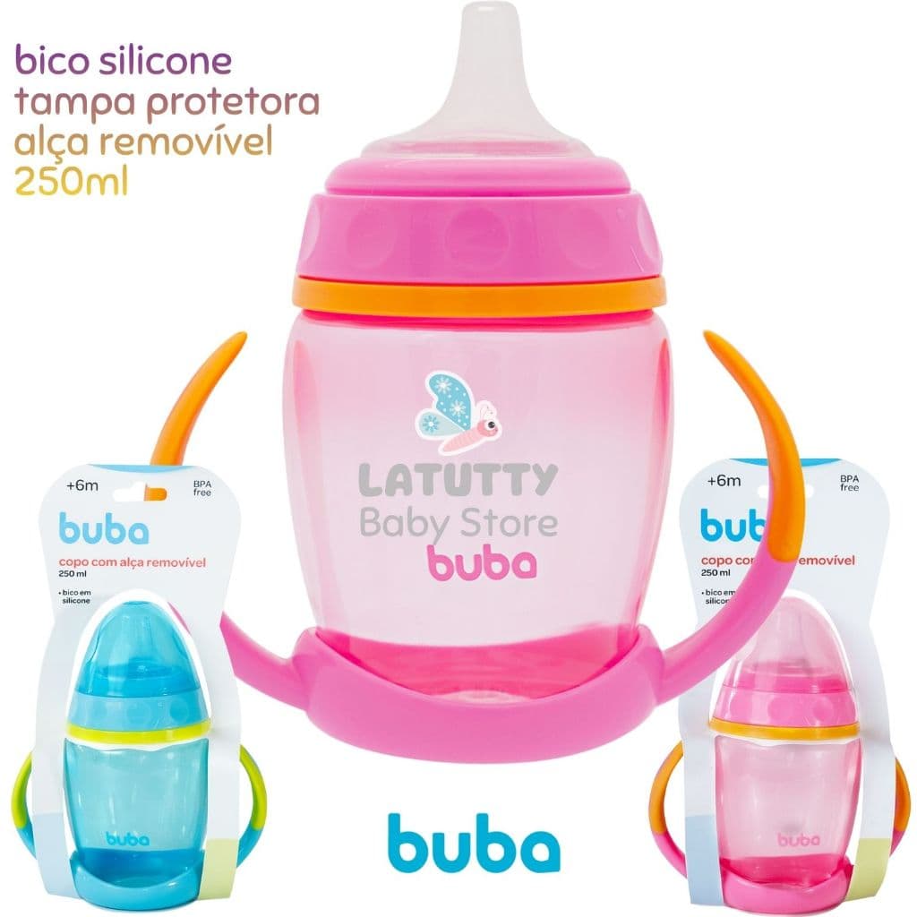 Copo de Treinamento Buba 250 ml 6+ Meses Bico Silicone Alça Removível Tampa Protetora
