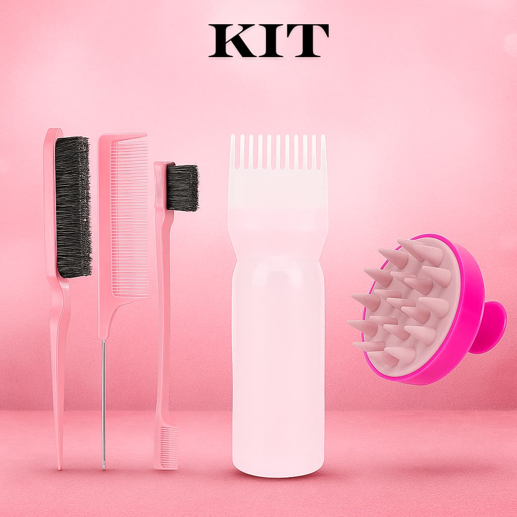 Kit Pente capilar, Dosador mais Escova Massageadora, Trio de pente baby hair