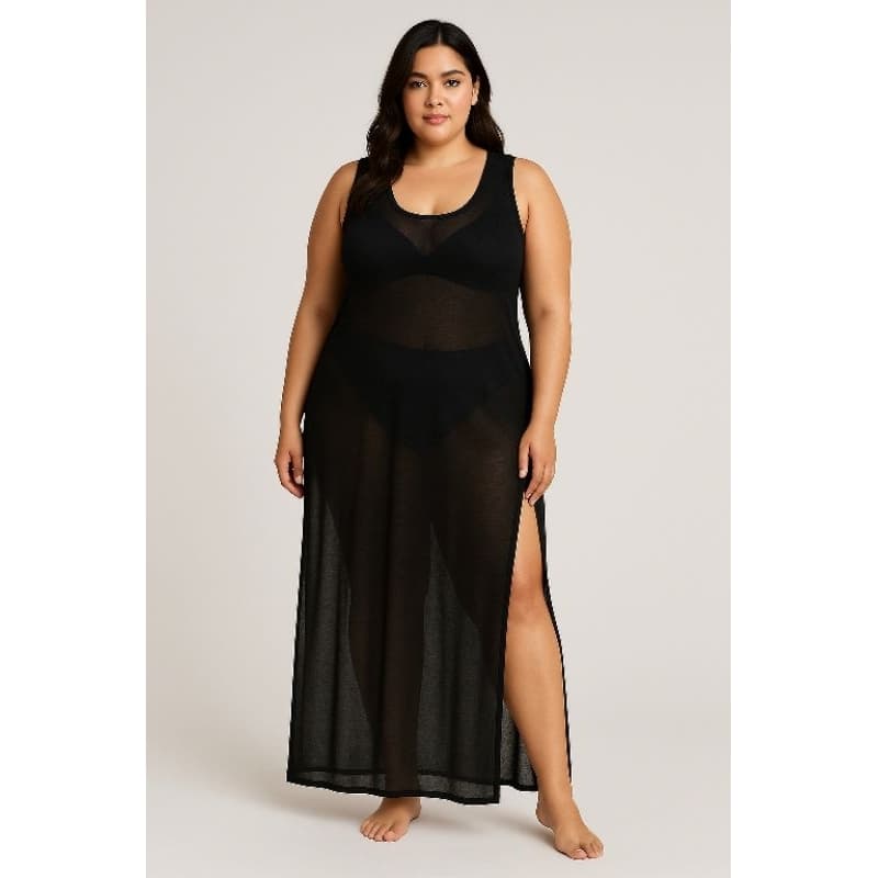 Saida De Praia Vestido Longo Regata Todo Em Tule Plus Size